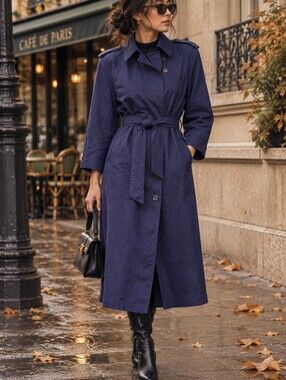 VTG 80s Indigo Blue Long Belted Trench Coat 90s Raincoat Retro Medium Lined